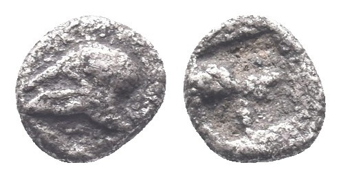 Ionia, Uncertain, c. 500 BC. AR Hemiobol 0.31g). Helmet l. R/ Quadripartite incu...