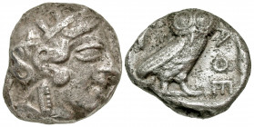 Attica, Athens. 454-404 B.C. AR tetradrachm (23.8 mm, 16.69 g, 8 h). Helmeted head of Athena right wearing Attic helmet / AΘE, owl standing right with...