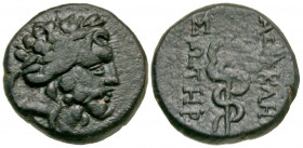 Mysia, Pergamon. Mid-late 2nd century B.C. AE 17 (16.7 mm, 3.38 g, 11 h). Laureate head of Asklepios right / ΑΣΚΛΗΠΙΟΣ / ΣΩΤΗΡΟΣ, serpent-entwined sta...