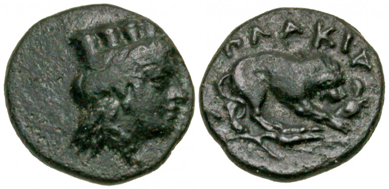 Mysia, Plakia. 4th century B.C. AE 12 (11.5 mm, 1.17 g, 12 h). Turreted head of ...
