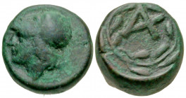 Troas, Achilleion. 350-300 B.C. AE 10 (9.9 mm, 1.56 g, 12 h). Helmeted head of Athena left / City monogram within laurel wreath. Imhoof KM, p. 34, 2. ...