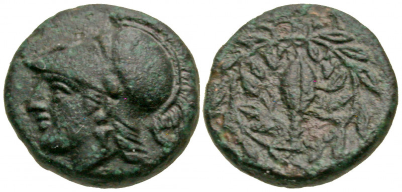 Aiolis, Elaia. Ca. 450-400 B.C. AE 11 (11.1 mm, 1.51 g, 1 h). Helmeted head of A...