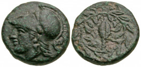 Aiolis, Elaia. Ca. 450-400 B.C. AE 11 (11.1 mm, 1.51 g, 1 h). Helmeted head of Athena left / Grain ear within laurel wreath. SNG von Aulock 1605; SNG ...