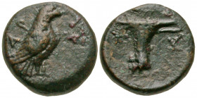 Aiolis, Kyme. Ca. 350-320 B.C. AE 11 (10.8 mm, 1.47 g, 6 h). Eagle standing right; AP to left / K-Y, one-handled vase. Cf. SNG Copenhagen 44-5. Near V...