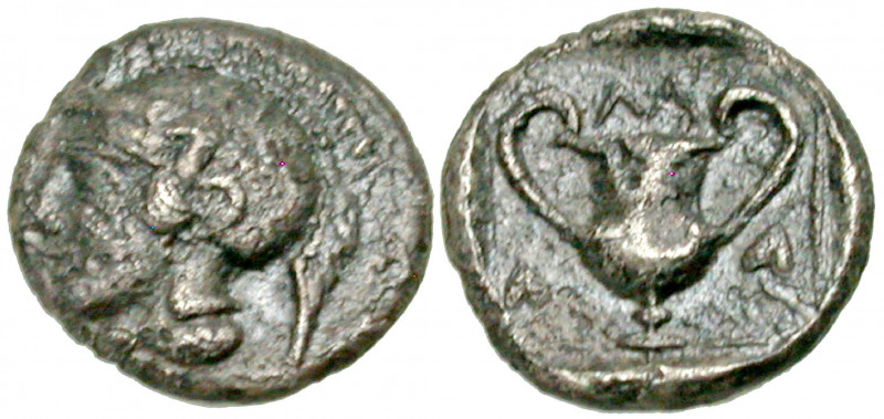 Lesbos, Methymna. Ca. 450/40-406/379 B.C. AR obol (7 mm, 0.51 g, 6 h). Helmeted ...