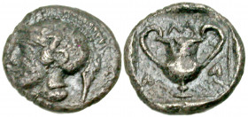 Lesbos, Methymna. Ca. 450/40-406/379 B.C. AR obol (7 mm, 0.51 g, 6 h). Helmeted head of Athena left / Kantharos between ivy leaves; M above. Franke 11...