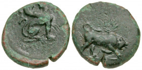 Caria, Kaunos. Ca. before 309 B.C. AE 13 (13.04 mm, 1.43 g, 1 h). Sphinx right [K - A] in fields(?) / Bull butting right. SNG COP. 180; SNG von Aulock...