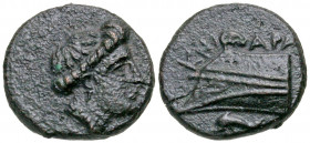 Caria, Knidos. Ca. 375-340 B.C. AE 10 (10.4 mm, 1.45 g, 12 h). Ara-, magistrate. Head of Aphrodite right, with hair bound in sphendone / KNI, prow lef...
