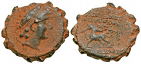 Seleukid Kingdom. Antiochos VI Dionysos. 144-142 B.C. Serrate AE 18 (18.1 mm, 3.62 g, 2 h). Antioch on the Orontes mint, struck 143/2 B.C. Radiate and...