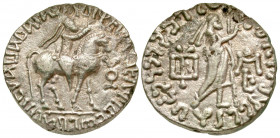 Indo-Parthian. Abdagases. Ca. A.D. 50-65 . BI tetradrachm (22.9 mm, 9.40 g, 10 h). King on horseback right, raising right arm, symbol to right / Zeus ...