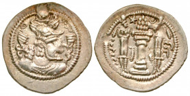 Sasanian Kingdom. Peroz I. A.D. 457-484. AR drachm (27.5 mm, 3.75 g, 3 h). DA (Darabjird). Crowned bust right / Fire altar with two attendants, star a...