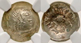 Arabia Felix, Himyarites. Anonymous. Ca. 50-100 A.D.. AR scyphate 1/2 denarius (1.14 g). Beardless male head right, hair bound with fillet and hanging...