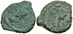 Judaea, Herodian Kingdom. Herod I. 40-4 B.C.E. AE half prutah (lepton) (11.4 mm, .70 g, 5 h). [B]AC[I]Λ / [HP]ω[Δ] (or similar), title vertically upwa...