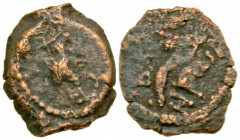 Judaea, Herodian Kingdom. Herod I. 40-4 B.C.E. AE half prutah (lepton) (13.8 mm, 1.08 g, 12 h). BA[CIΛ] / HPωΔ, title vertically upwards to left and r...