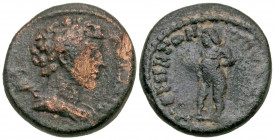 Lydia, Magnesia ad Sipylum. Marcus Aurelius. As Caesar, A.D. 138-161. AE 16 (15.7 mm, 2.63 g, 6 h). Struck A.D. 144-161. ΑVΡΗΛΙΟ ΚΑΙ, bare-headed, dra...