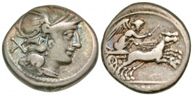 Anonymous. 157-156 B.C. AR denarius (17.6 mm, 3.58 g, 4 h). Rome mint. Helmeted head of Roma right, X behind / ROMA , Victory driving galloping biga r...