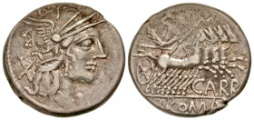 Cn. Papirius Carbo. 121 B.C. AR denarius (19.4 mm, 3.87 g, 6 h). Rome mint. Helmeted head of Roma right; X behind / CARBO below, ROMA in exergue, Jupi...