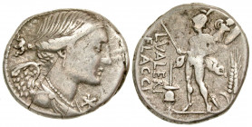 L. Valerius L.f. L.n. Flaccus. 108-107 B.C. AR denarius (19.22 mm, 3.87 g, 9 h). Rome mint. Winged and draped bust of Victory right; monogram below ch...