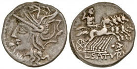 Lucius Appuleius Saturninus. 104 B.C. AR denarius (18.6 mm, 3.81 g, 10 h). Rome. Helmeted head of Roma left / L·SATVRN, Saturn in galloping quadriga r...