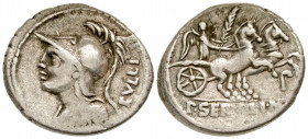 P. Servilius M.f. Rullus. 100 B.C. AR denarius (20.7 mm, 3.94 g, 1 h). Rome mint. RVLLI, helmeted bust of Minerva left, wearing aegis / P·SERVILI·M·F,...