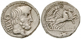 L. Titurius L.f. Sabinus. 89 B.C. AR denarius (19.0 mm, 3.81 g, 7 h). Rome mint. SABIN, bare head of Tatius right / L·TITVRI, Victory driving biga rig...