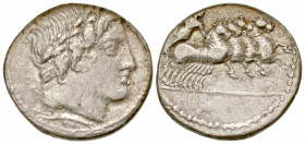 Anonymous. 86 B.C. AR denarius (18.9 mm, 3.45 g, 7 h). Rome mint. Laureate head of Apollo right, thunderbolt below neck / Jupiter driving quadriga rig...
