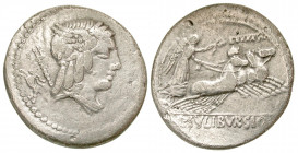 L. Julius Bursio. 85 B.C. AR denarius (20.5 mm, 3.60 g, 5 h). Rome mint. Laureate, winged, and draped bust of Apollo Vejovis right; trident and goat b...