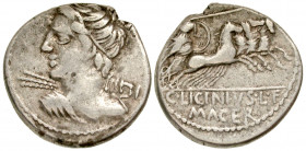 C. Licinius L.f. Macer. 84 B.C. AR denarius (20.1 mm, 3.77 g, 11 h). Rome mint. Diademed bust of Vejovis left, drapery on left shoulder, hurling thund...