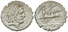 Q. Antonius Balbus. 83-82 B.C. AR serrate denarius (20.11 mm, 4.06 g, 7 h). Rome mint. S·C, laureate head of Jupiter right, O· below chin / C·NAE·BALB...
