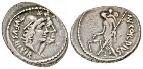 Mn. Cordius Rufus. 46 B.C. AR denarius (19 mm, 3.90 g, 11 h). Rome mint. RVFVS · III · VIR, Conjoined heads of the Dioscuri right, each wearing fillet...