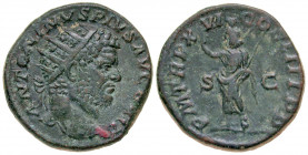Caracalla. A.D. 198-217. AE dupondius (24.3 mm, 9.85 g, 6 h). Rome mint, Struck A.D. 213. ANTONINVS PIVS AVG BRIT, radiate head of Caracalla right / P...