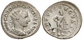 Gordian III. A.D. 238-244. AR antoninianus (22.8 mm, 4.17 g, 12 h). IMP GORDIANVS PIVS FEL AVG, Radiate bust right / VIRTVTI AVGVSTI, Hercules standin...