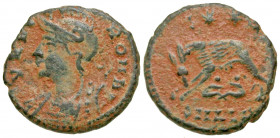 City Commemorative. A.D. 330-354. AE follis (14.6 mm, 1.67 g, 11 h). Alexandria mint, Struck A.D. 336-337. VRBS ROMA, helmeted and cuirassed bust of R...