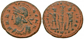 City Commemorative. A.D. 330-354. AE follis (16.5 mm, 1.43 g, 1 h). Thessalonica mint, Struck A.D. 337-340. VRBS ROMA, helmeted and mantled bust of Ro...