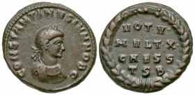 Constantine II. As Caesar, A.D. 317-337. AE follis (18.3 mm, 2.98 g, 1 h). Thessalonica mint, Struck A.D. 318-319. CONSTANTINVS IVN NOB C, laureate, d...