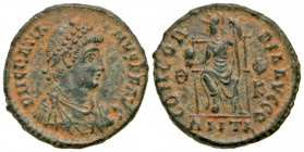 Gratian. A.D. 367-383. AE 3 centenionalis (18.2 mm, 3.07 g, 6 h). Antioch mint, struck A.D. 379-83. D N GRATIA-NVS P F AVG, pearl-diademed, draped and...