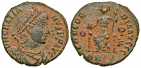 Gratian. A.D. 367-383. AE centenionalis (17.2 mm, 1.93 g, 11 h). Antioch mint, Struck A.D. 379-383. D N GRATIA-NVS P F AVG, pearl diademed, draped and...