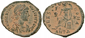 Valentinian II. A.D. 375-392. AE centenionalis (18.3 mm, 1.62 g, 6 h). Antioch mint, Struck A.D. 379-383. D N VALENTINIA-NVS IVN P F AVG, pearl-diadem...