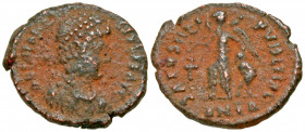 Theodosius I. A.D. 379-395. AE (14.5 mm, 1.32 g, 6 h). Antioch mint, Struck A.D. 388-395. D N THEODO - SIVS P F AVG, pearl-diademed, draped and cuiras...