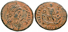 Theodosius I. A.D. 379-395. AE 2 Majorina (23.21 mm, 5.10 g, 11 h). Antioch mint, struck A.D. 383-386. [D N THE]ODO-SIVS P F AVG, pearl-diadem helmete...