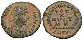 Theodosius I. A.D. 379-395. AE 4 half-centenionalis (12.6 mm, .63 g, 6 h). Antioch mint, Struck A.D. 383 (and later?). D N THEODO - [S]IVS P F AVG, pe...