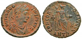 Theodosius I. A.D. 379-395. AE centenionalis (18 mm, 2.04 g, 5 h). Antioch mint, Struck A.D. 379-383. D N THEODO - SIVS P F AVG, pearl-diademed, drape...
