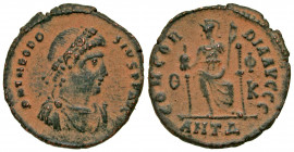 Theodosius I. A.D. 379-395. AE centenionalis (19 mm, 2.38 g, 11 h). Antioch mint, Struck A.D. 379-383. D N THEODO-SIVS P F AVG, pearl and rosette diad...