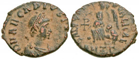 Arcadius. A.D. 383-408. AE (13.4 mm, 1.07 g, 12 h). Antioch mint, Struck A.D. 388-392. D N ARCADIVS P[ F AVG], pearl-diademed, draped and cuirassed bu...
