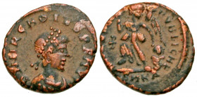 Arcadius. A.D. 383-408. AE (14 mm, 1.19 g, 7 h). Cyzicus mint, Struck A.D. 388-395. D N ARCADIVS P F AVG, pearl diademed, draped and cuirassed bust of...