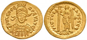Leo I. A.D. 457-474. AV solidus (20.6 mm, 4.42 g, 6 h). Rome mint. D N LEO PE-RPET AVG, helmeted, diademed and cuirassed bust of Leo I facing, holding...