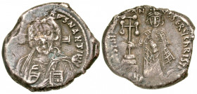 Justinian II. First reign, 685-695. AR hexagram (20.9 mm, 5.56 g, 7 h). Constantinople mint, Struck 692-695. Facing bust of Christ Pantokrator; cross ...
