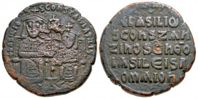 Basil I, the Macedonian. 867-886. AE follis (27.1 mm, 9.97 g, 7 h). Constantinople mint, struck 867-876. bASILIO S CONST BASILIS, Basil, crowned, bear...