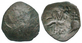 Michael VIII Palaeologus. 1261-1282. AE trachy (20.0 mm, 1.06 g, 5 h). Constantinople mint. A-A, Bust of Christ facing / Michael standing facing, hold...