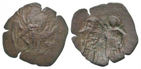 Michael VIII Palaeologus. 1261-1282. AE trachy (24.6 mm, 1.67 g, 7 h). Constantinople mint. O/A/ΓΙ/OC - ΓΕ/ΡΓ/Ι/S, Half-length bust of St. George, hol...